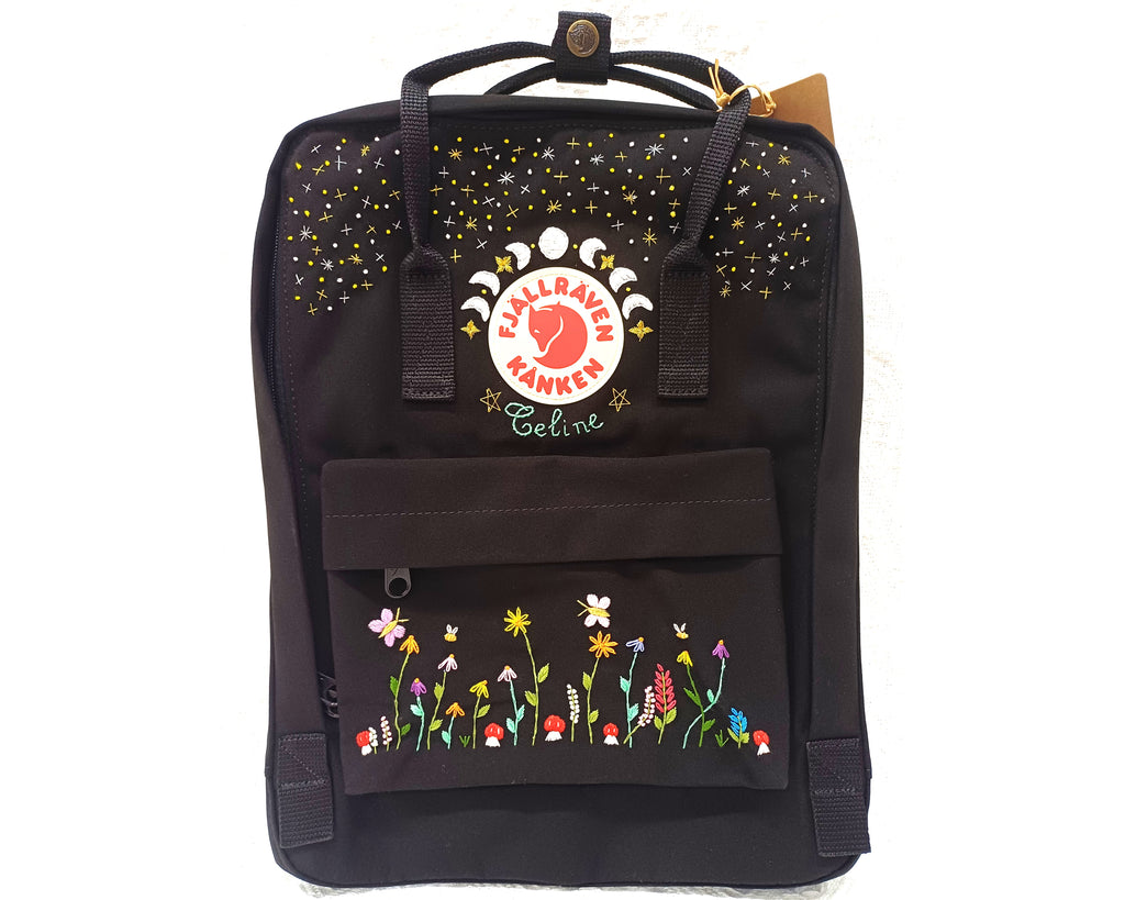  Fjallraven Kanken Backpack embroidered with the moon phase, a starry sky, and a garden of flowers with bees and butterflies - Personalized Embroidered Backpack - Custom Bag for Women 