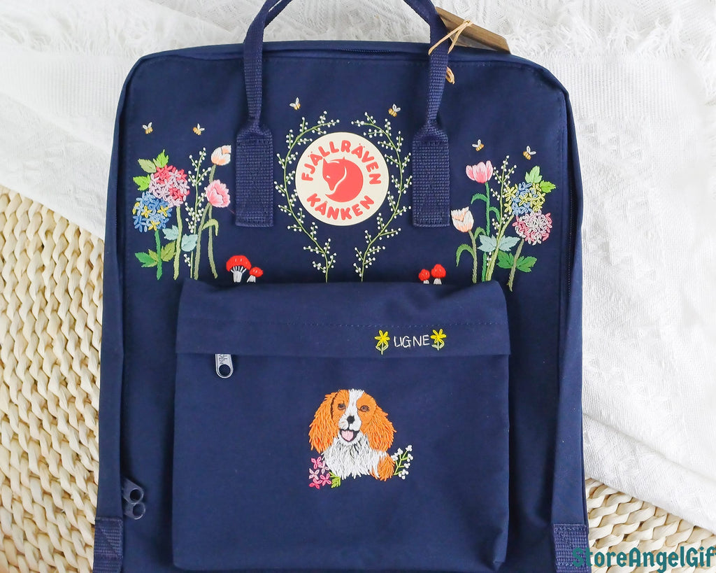  Fjallraven Kanken Backpack embroidered with hydrangea flowers and a pet dog - Personalized Embroidered Backpack - Custom Bag for Women 