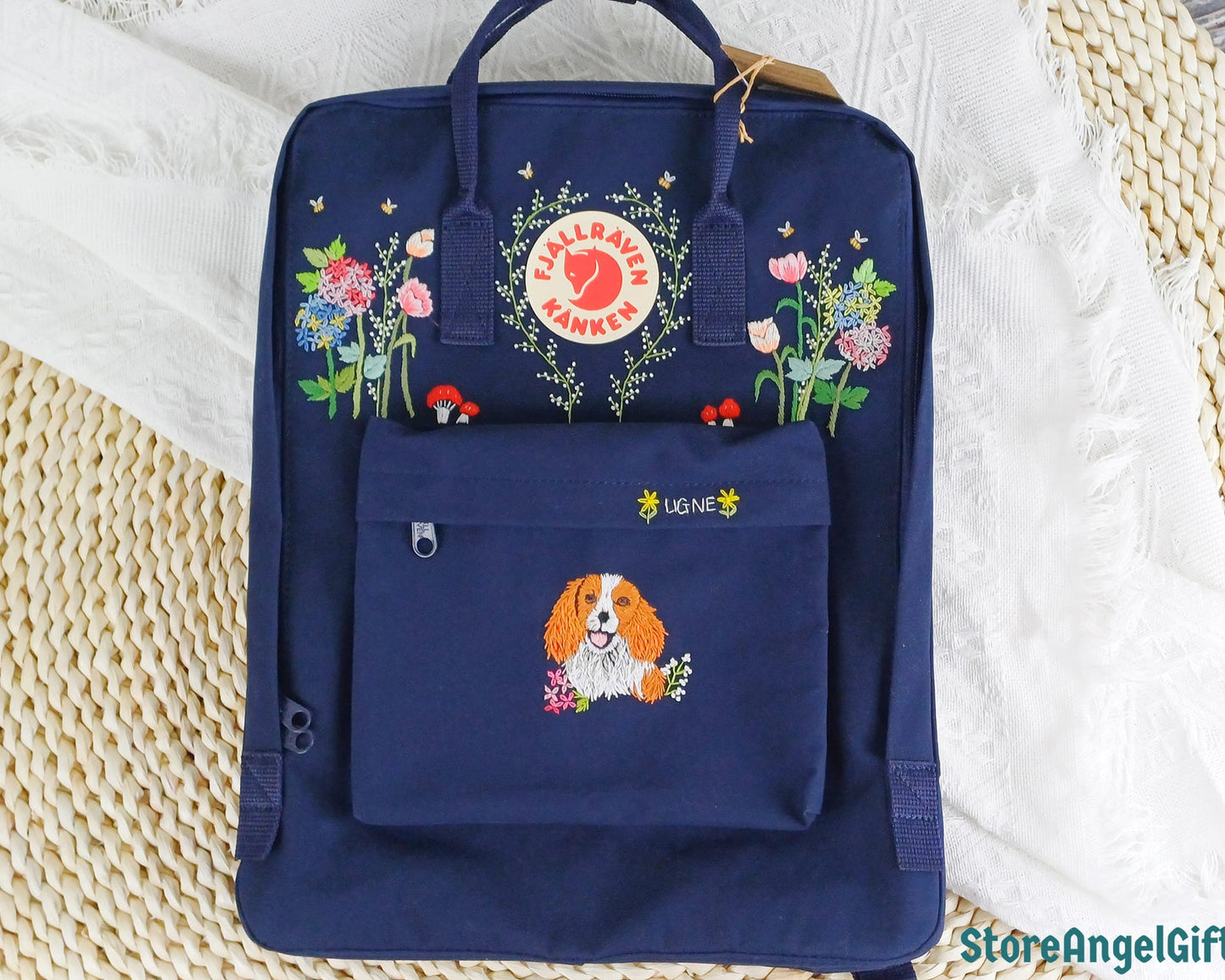 Fjallraven Kanken Backpack embroidered with hydrangea flowers and a pet dog - Personalized Embroidered Backpack - Custom Bag for Women