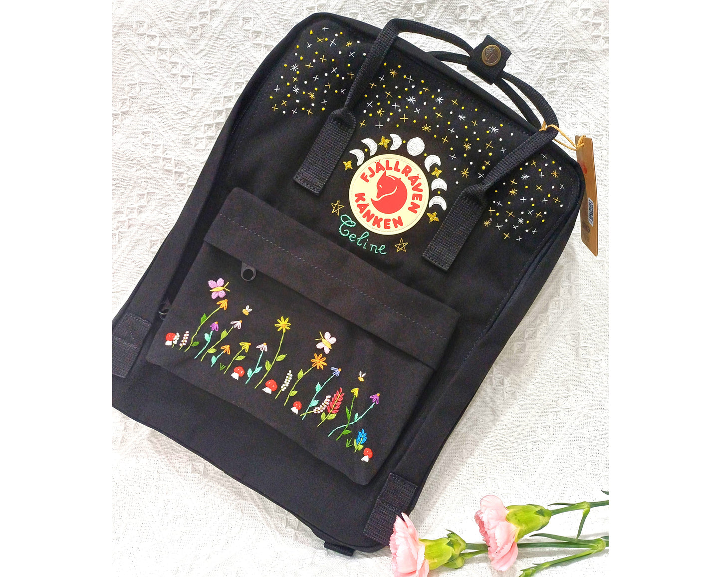 Fjallraven Kanken Backpack embroidered with the moon phase, a starry sky, and a garden of flowers with bees and butterflies - Personalized Embroidered Backpack - Custom Bag for Women