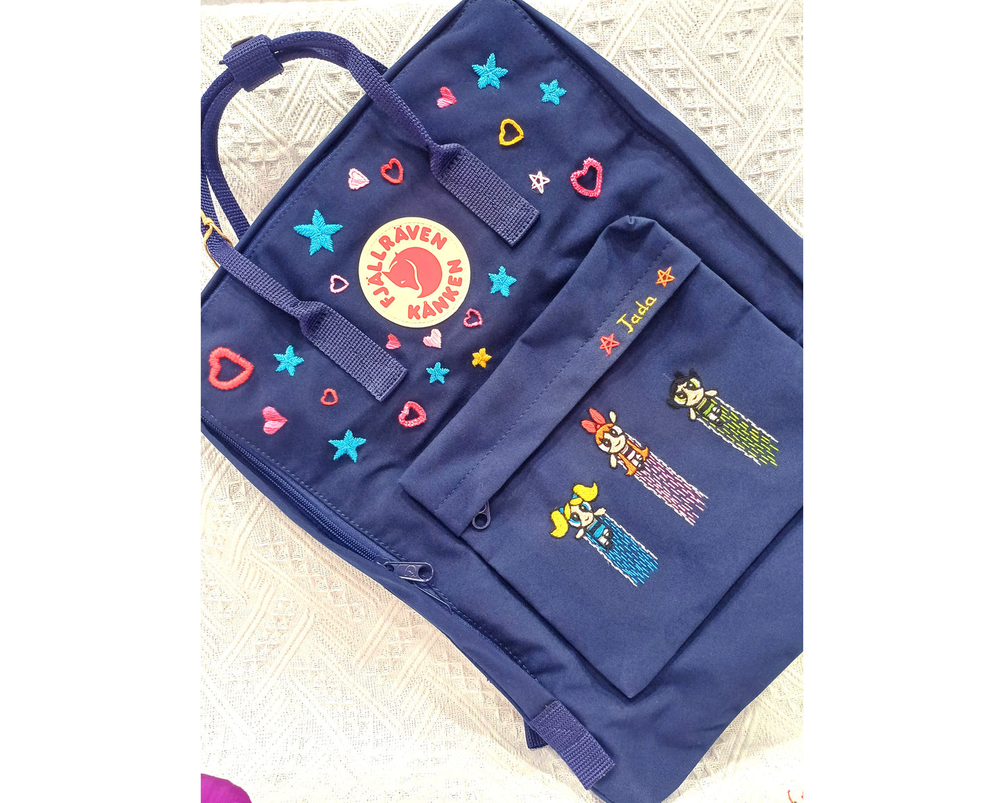 Fjallraven Kanken Backpack embroidered with cartoon characters, comic characters, stars, and hearts. - Personalized Embroidered Backpack - Custom Bag for Women
