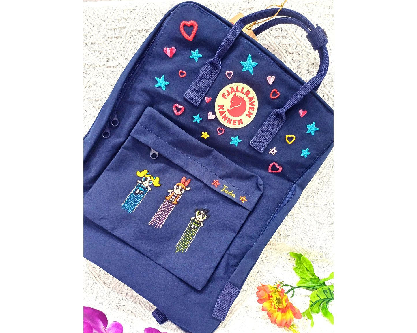 Fjallraven Kanken Backpack embroidered with cartoon characters, comic characters, stars, and hearts. - Personalized Embroidered Backpack - Custom Bag for Women