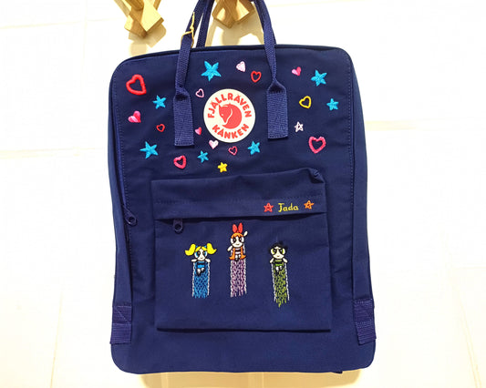 Fjallraven Kanken Backpack embroidered with cartoon characters, comic characters, stars, and hearts. - Personalized Embroidered Backpack - Custom Bag for Women
