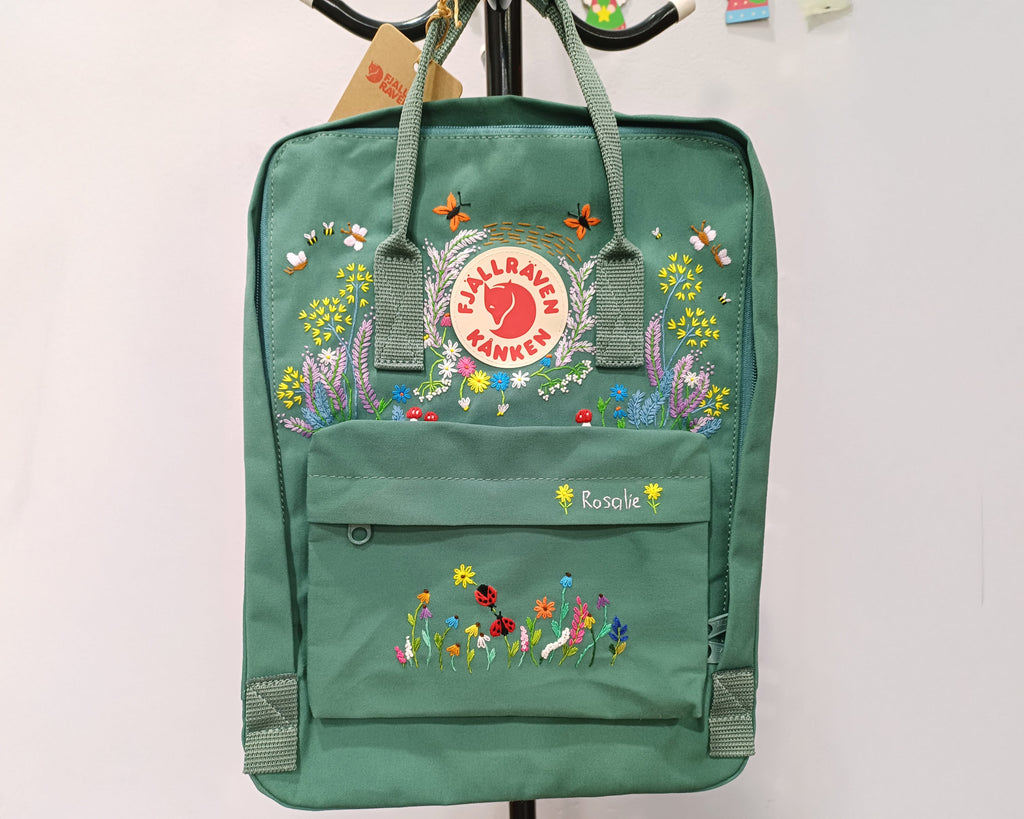  Fjallraven Kanken Embroidered Backpack – Lavender, Dandelions, Butterflies and Ladybug - Personalized Embroidered Backpack - Custom Bag for Women 