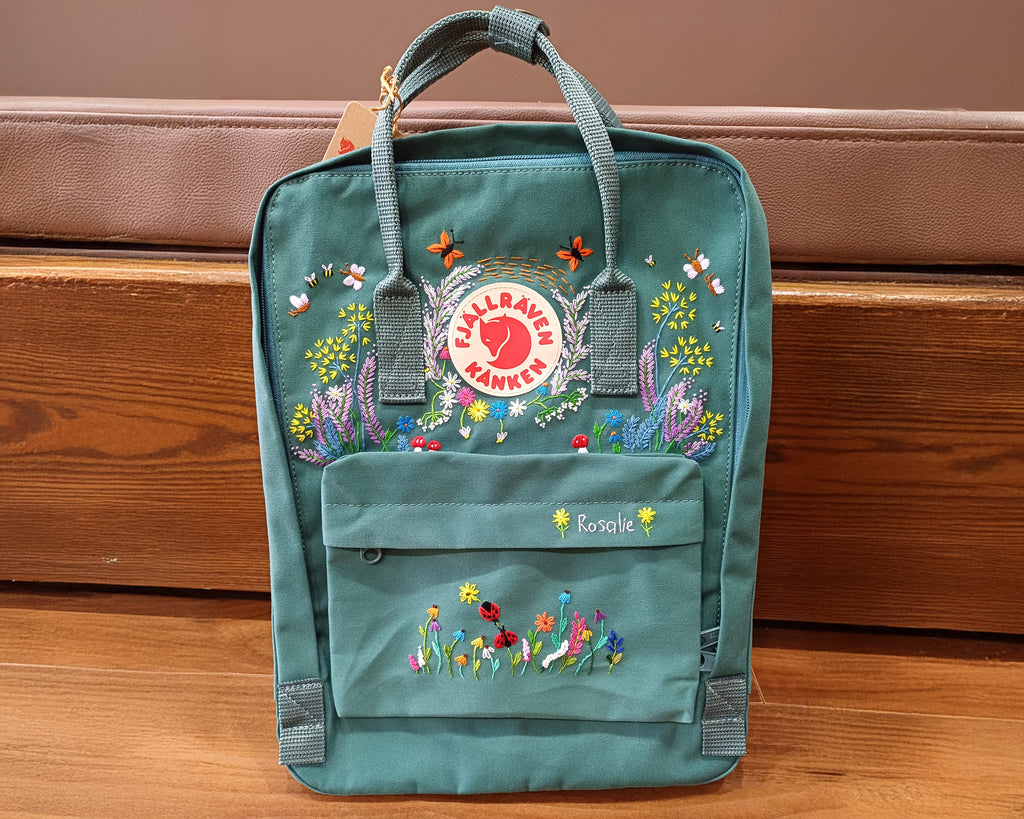  Fjallraven Kanken Embroidered Backpack – Lavender, Dandelions, Butterflies and Ladybug - Personalized Embroidered Backpack - Custom Bag for Women 