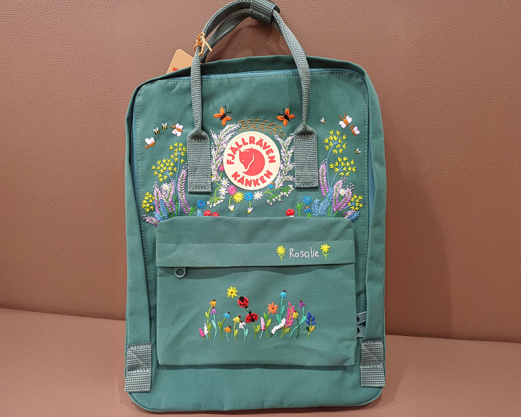  Fjallraven Kanken Embroidered Backpack – Lavender, Dandelions, Butterflies and Ladybug - Personalized Embroidered Backpack - Custom Bag for Women 