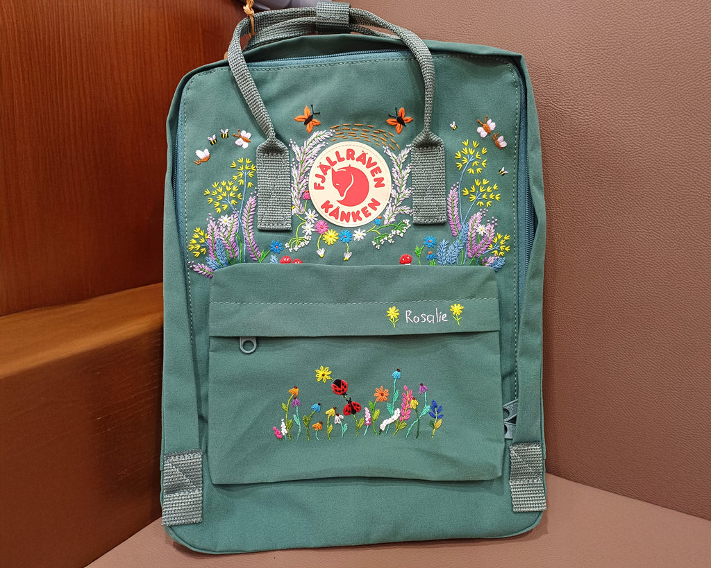  Fjallraven Kanken Embroidered Backpack – Lavender, Dandelions, Butterflies and Ladybug - Personalized Embroidered Backpack - Custom Bag for Women 