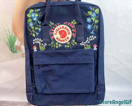 Custom Fjallraven Kanken Backpack – Morning Glory and Lily of the Valley Design - Personalized Embroidered Backpack - Custom Bag for Women