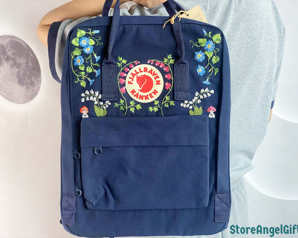  Custom Fjallraven Kanken Backpack – Morning Glory and Lily of the Valley Design - Personalized Embroidered Backpack - Custom Bag for Women 