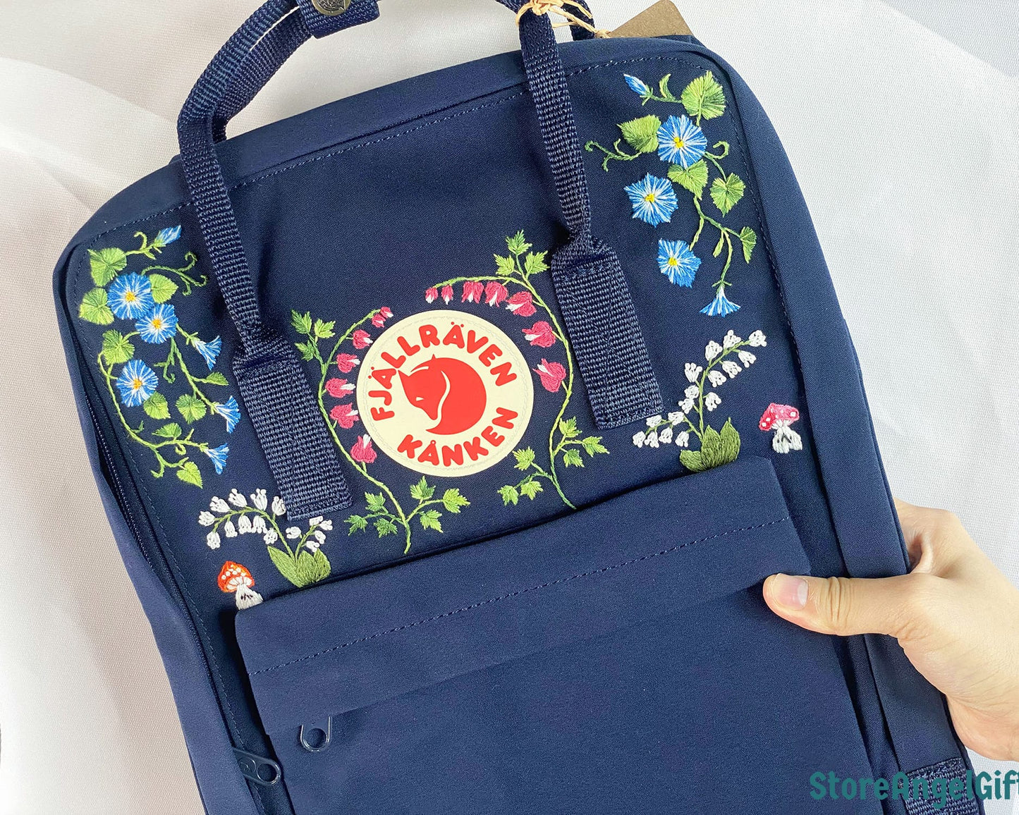 Custom Fjallraven Kanken Backpack – Morning Glory and Lily of the Valley Design - Personalized Embroidered Backpack - Custom Bag for Women