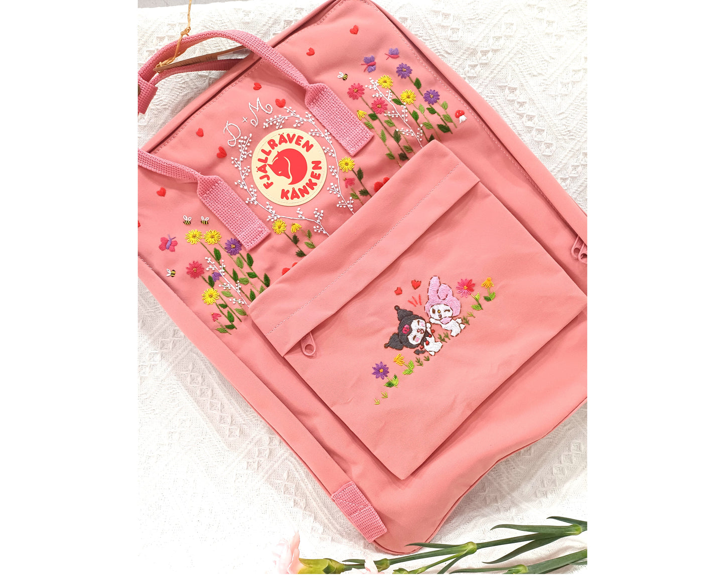 Fjallraven Kanken Backpack embroidered with Kurumi and a colorful daisy garden - Personalized Embroidered Backpack - Custom Bag for Women