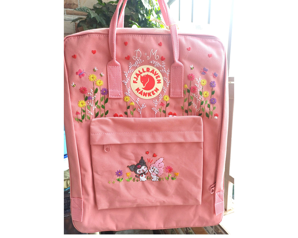  Fjallraven Kanken Backpack embroidered with Kurumi and a colorful daisy garden - Personalized Embroidered Backpack - Custom Bag for Women 