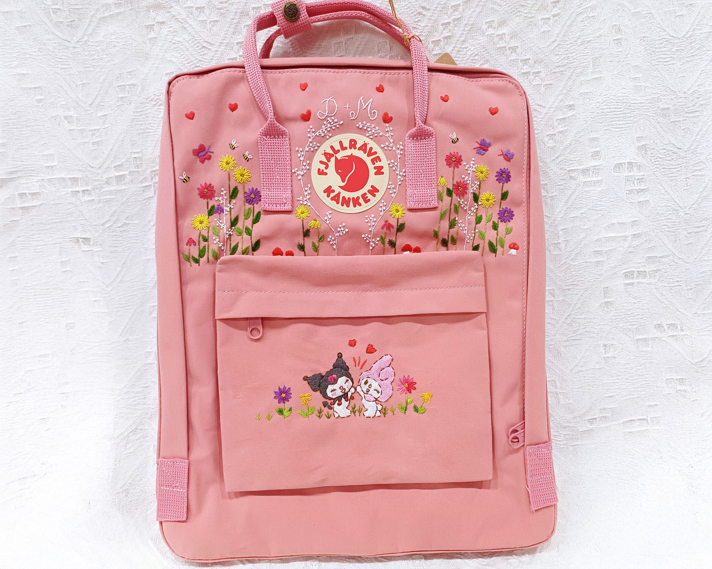 Fjallraven Kanken Backpack embroidered with Kurumi and a colorful daisy garden - Personalized Embroidered Backpack - Custom Bag for Women