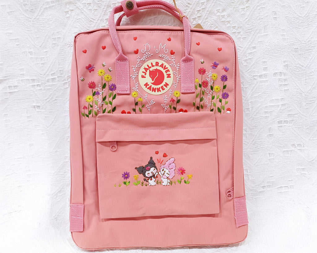  Fjallraven Kanken Backpack embroidered with Kurumi and a colorful daisy garden - Personalized Embroidered Backpack - Custom Bag for Women 