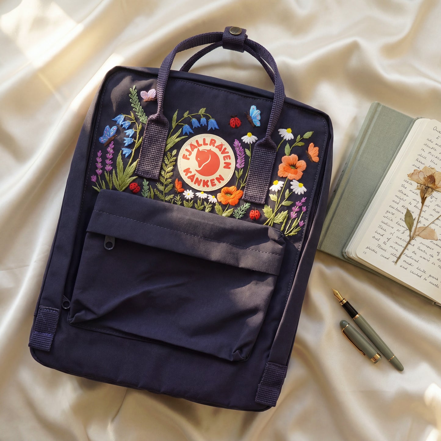 Fjallraven Kanken Wildflower Embroidered Backpack | Poppy Bluebell Daisy Floral Kanken Bag | Butterfly Ladybug Garden Design |Shool Backpack