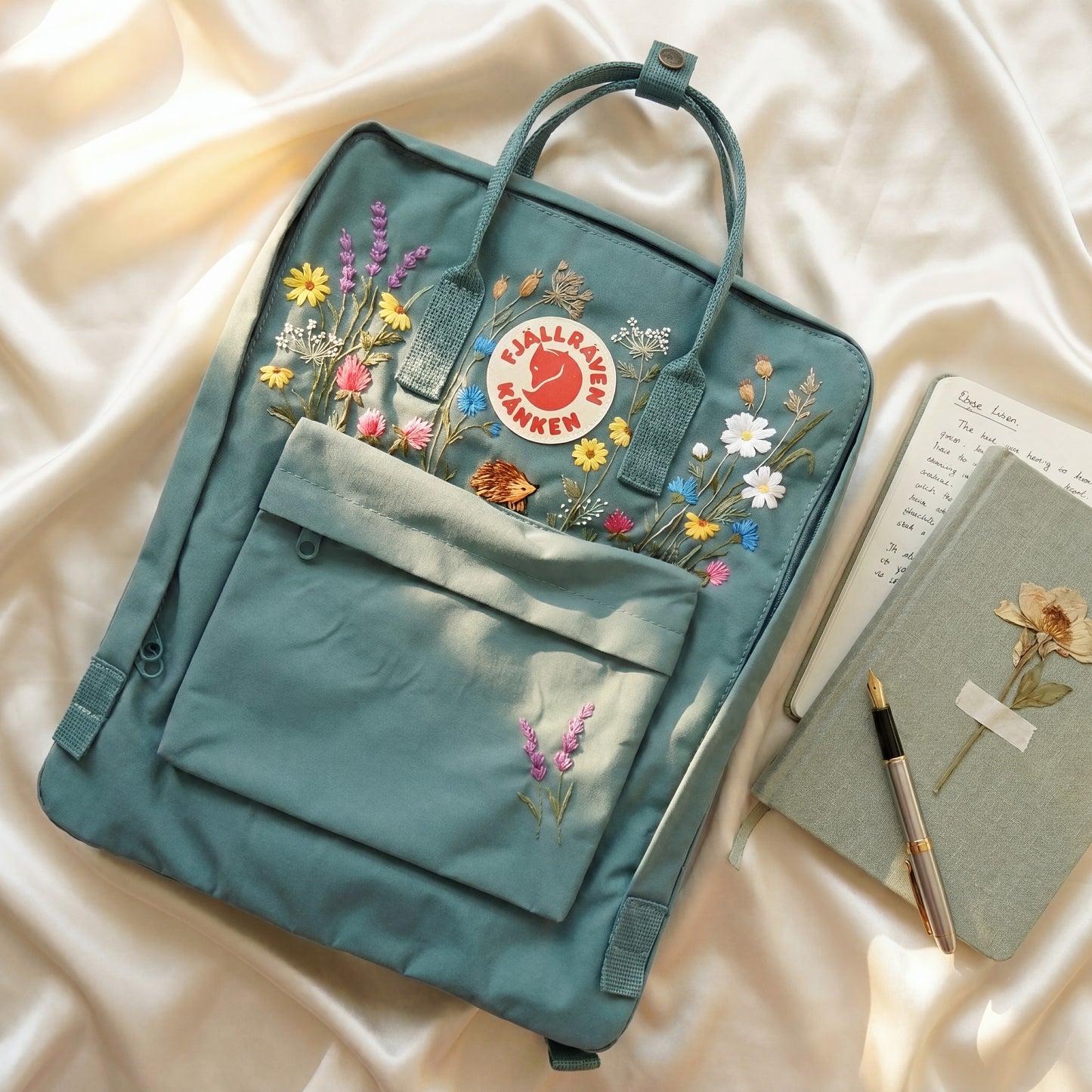 Custom Embroidered Fjallraven Kanken Backpack with Wildflowers & Hedgehog | Handmade School Backpack | Personalized Floral Travel Bag Gift