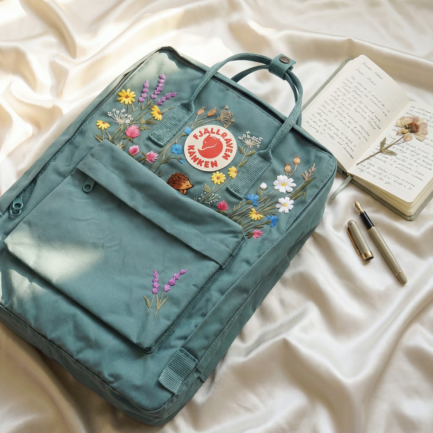 Custom Embroidered Fjallraven Kanken Backpack with Wildflowers & Hedgehog | Handmade School Backpack | Personalized Floral Travel Bag Gift