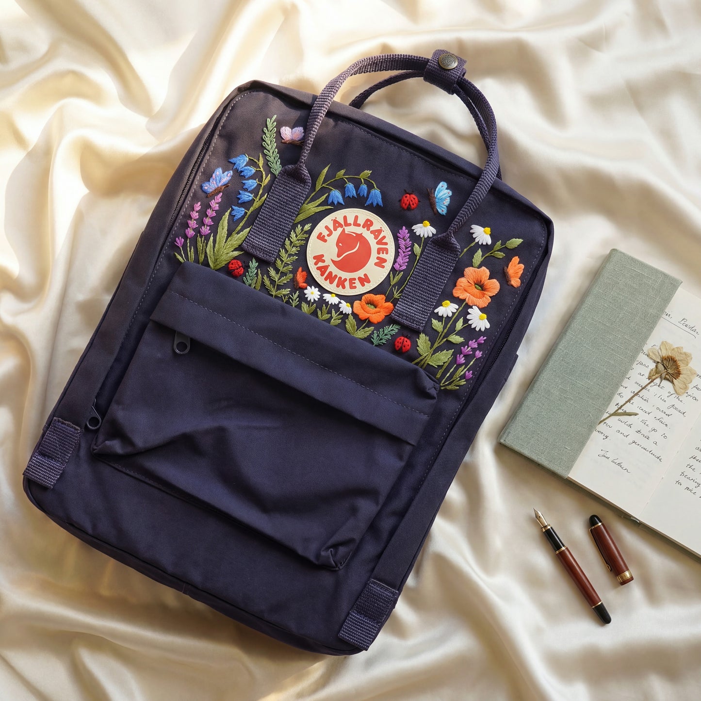 Fjallraven Kanken Wildflower Embroidered Backpack | Poppy Bluebell Daisy Floral Kanken Bag | Butterfly Ladybug Garden Design |Shool Backpack