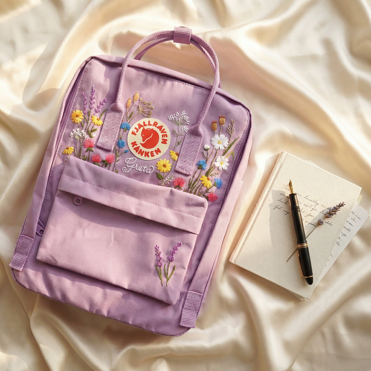 Custom Embroidered Fjallraven Kanken Backpack Wildflower | Fjallraven Kanken Travel Backpack| Back to School Gift |Wildflower Bag