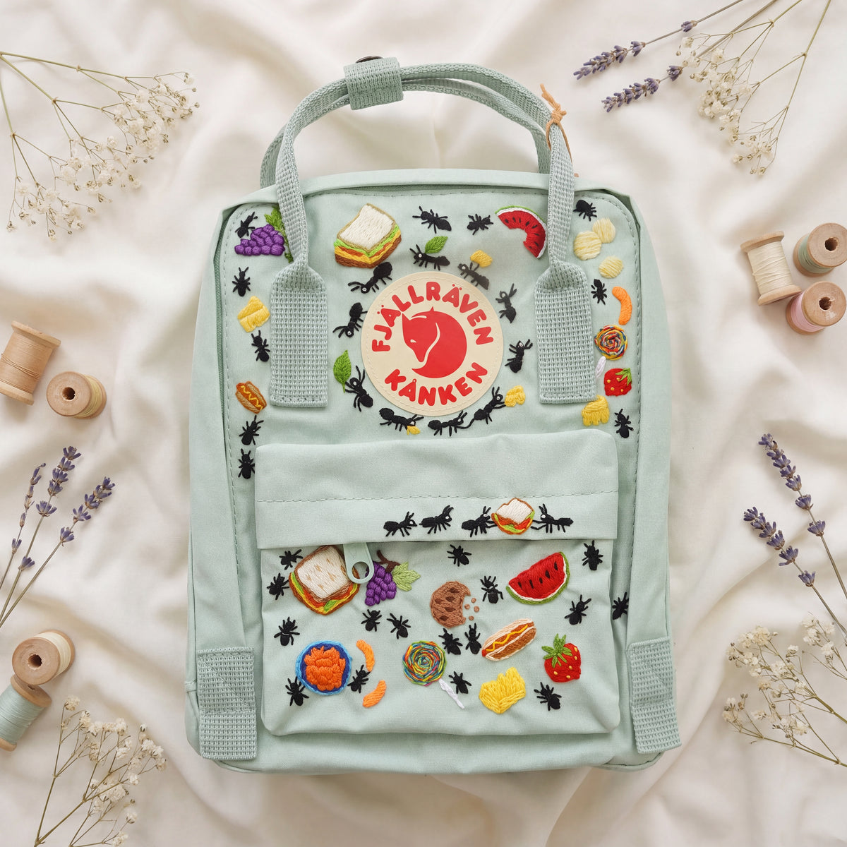 Fjallraven Kanken Hand Embroidered Picnic Backpack | Cute Food and Ants Bag | Outdoor Picnic Vibe Backpack | Unique Picnic Gift