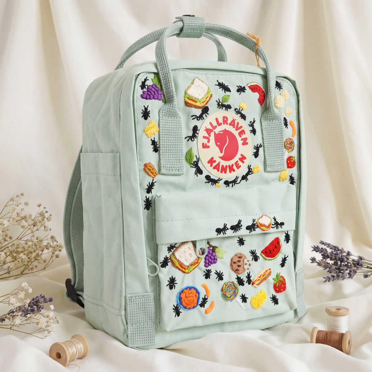 Fjallraven Kanken Hand Embroidered Picnic Backpack | Cute Food and Ants Bag | Outdoor Picnic Vibe Backpack | Unique Picnic Gift