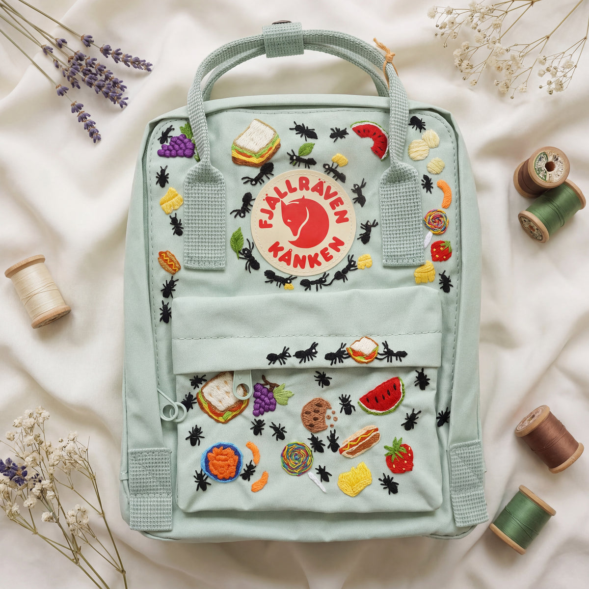 Fjallraven Kanken Hand Embroidered Picnic Backpack | Cute Food and Ants Bag | Outdoor Picnic Vibe Backpack | Unique Picnic Gift