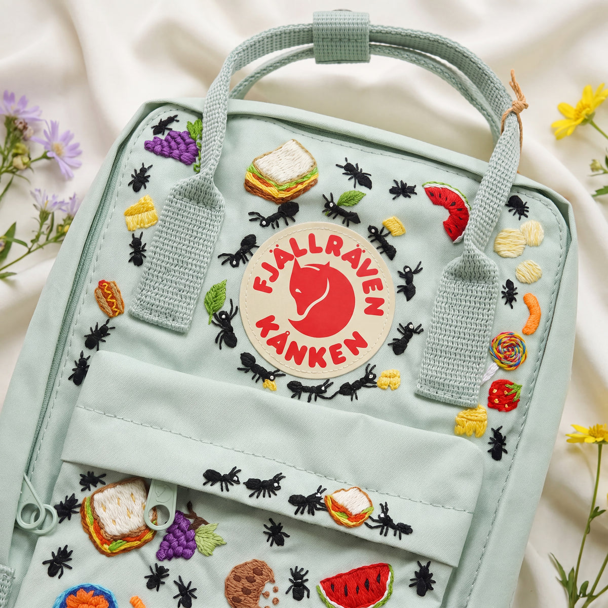 Fjallraven Kanken Hand Embroidered Picnic Backpack | Cute Food and Ants Bag | Outdoor Picnic Vibe Backpack | Unique Picnic Gift