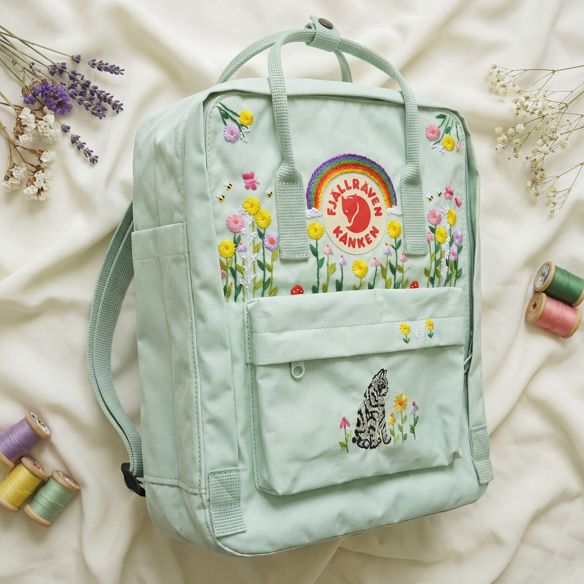 Fjallraven Kanken Hand Embroidered Cat Rainbow Backpack | Cute Floral Embroidered Backpack | Wildflower Bee Bag | Personalized Cat Gift