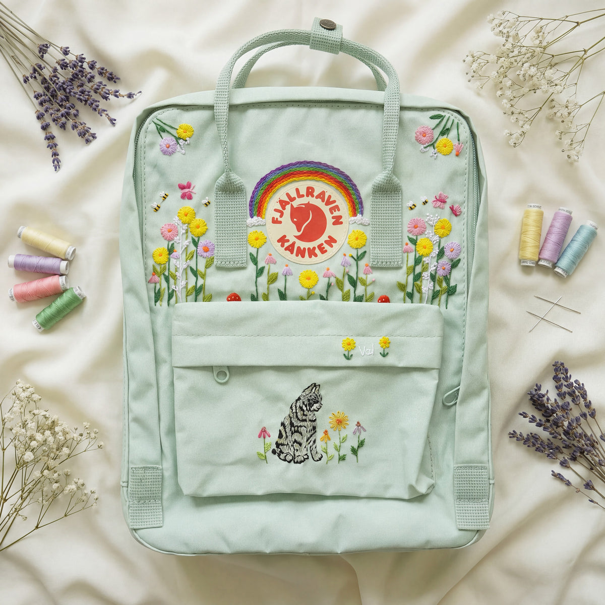 Fjallraven Kanken Hand Embroidered Cat Rainbow Backpack | Cute Floral Embroidered Backpack | Wildflower Bee Bag | Personalized Cat Gift