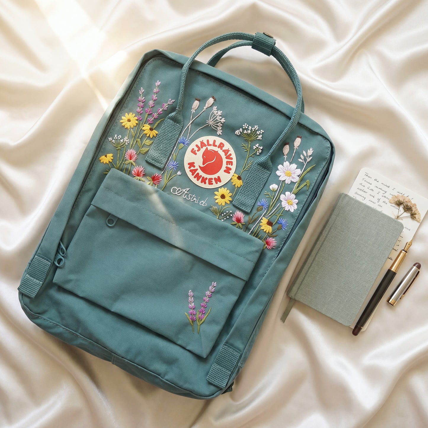 Custom Embroidered Fjallraven Kanken Backpack Wildflower | Fjallraven Kanken Travel Backpack| Handmade Cottagecore School Bag|Wildflower Bag