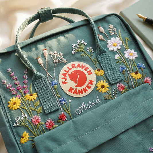 Custom Embroidered Fjallraven Kanken Backpack Wildflower | Fjallraven Kanken Travel Backpack| Handmade Cottagecore School Bag|Wildflower Bag