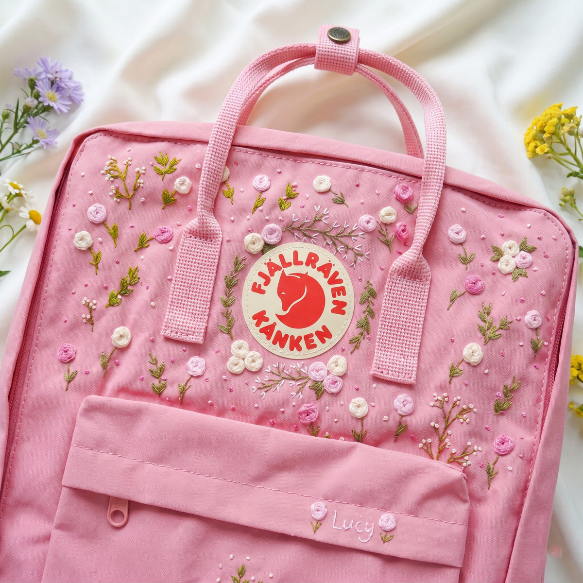 Hand Embroidered Fjallraven Kanken Pet Portrait Backpack | Pink Rose Floral Kanken Bag | Custom Dog & Horse Embroidery Backpack