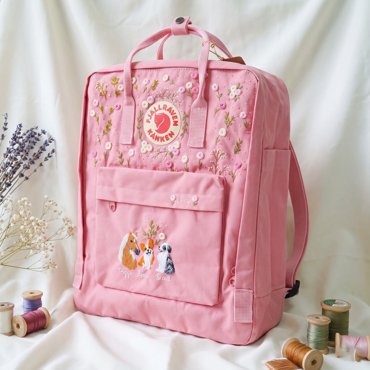 Hand Embroidered Fjallraven Kanken Pet Portrait Backpack | Pink Rose Floral Kanken Bag | Custom Dog & Horse Embroidery Backpack