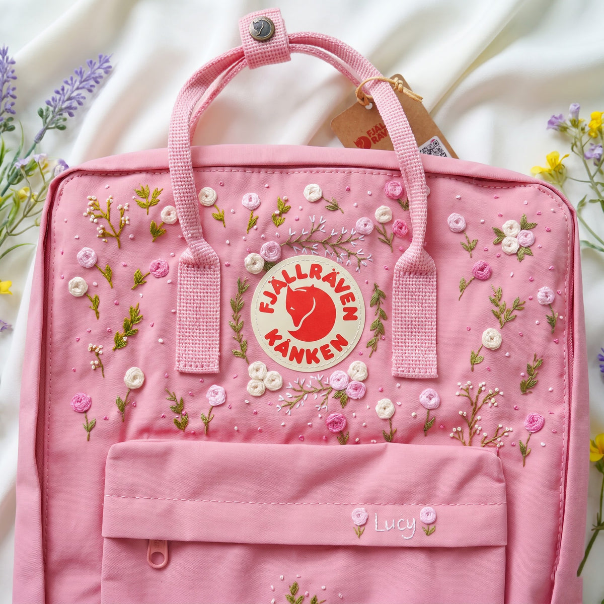 Hand Embroidered Fjallraven Kanken Pet Portrait Backpack | Pink Rose Floral Kanken Bag | Custom Dog & Horse Embroidery Backpack