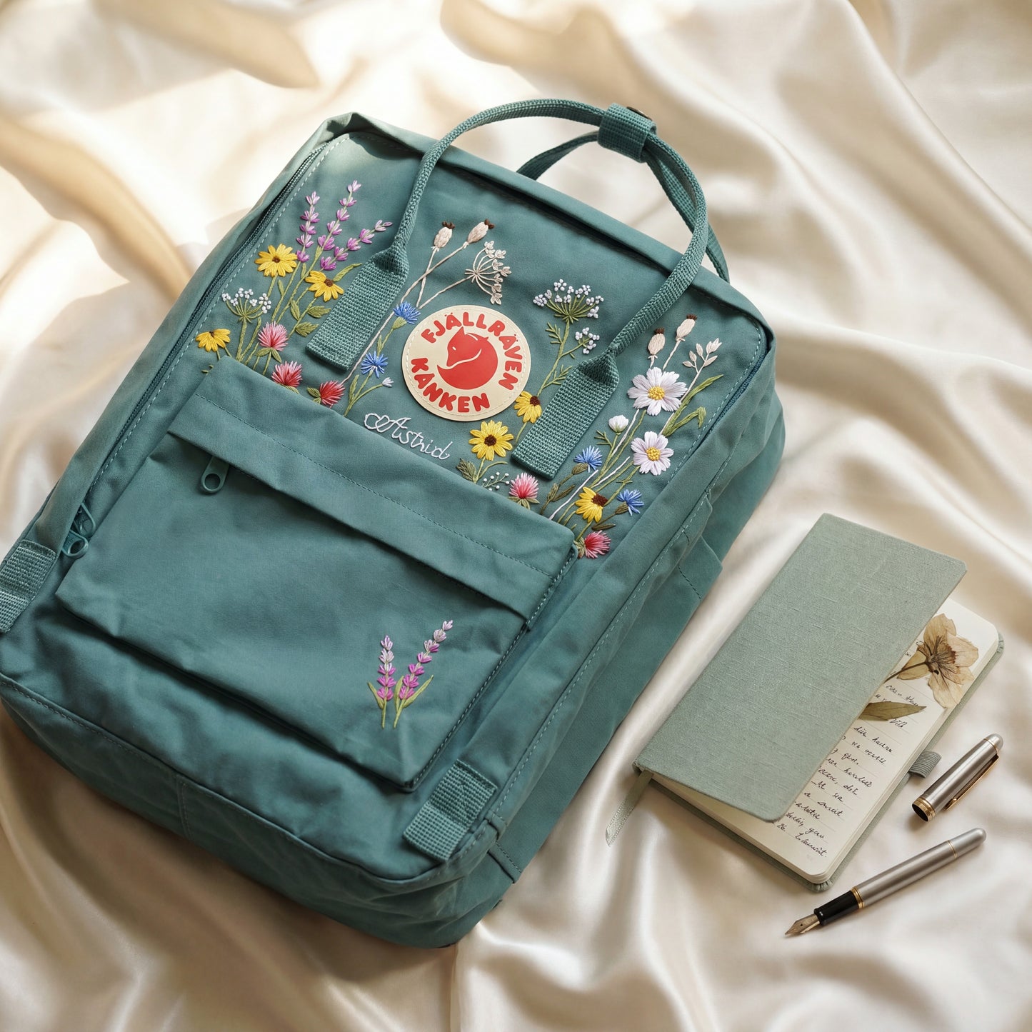 Custom Embroidered Fjallraven Kanken Backpack Wildflower | Fjallraven Kanken Travel Backpack| Handmade Cottagecore School Bag|Wildflower Bag