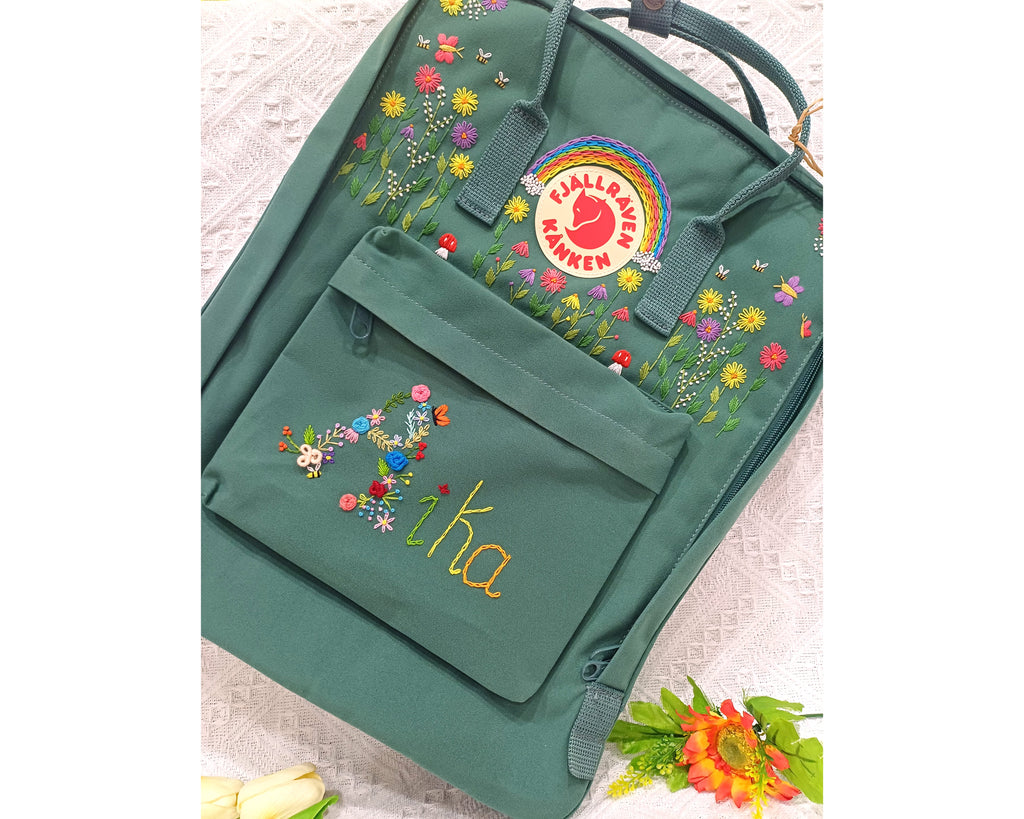  Fjallraven Kanken Embroidered Backpack – Flowers Around Logo and Floral Alphabet - Personalized Embroidered Backpack - Custom Bag for Women 