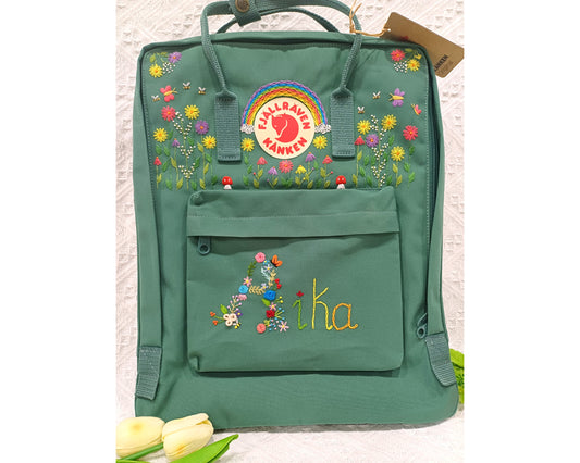 Fjallraven Kanken Embroidered Backpack – Flowers Around Logo and Floral Alphabet - Personalized Embroidered Backpack - Custom Bag for Women