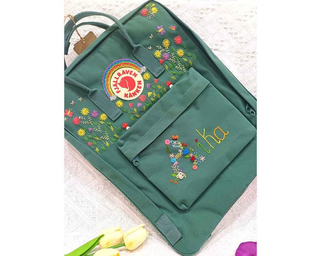  Fjallraven Kanken Embroidered Backpack – Flowers Around Logo and Floral Alphabet - Personalized Embroidered Backpack - Custom Bag for Women 