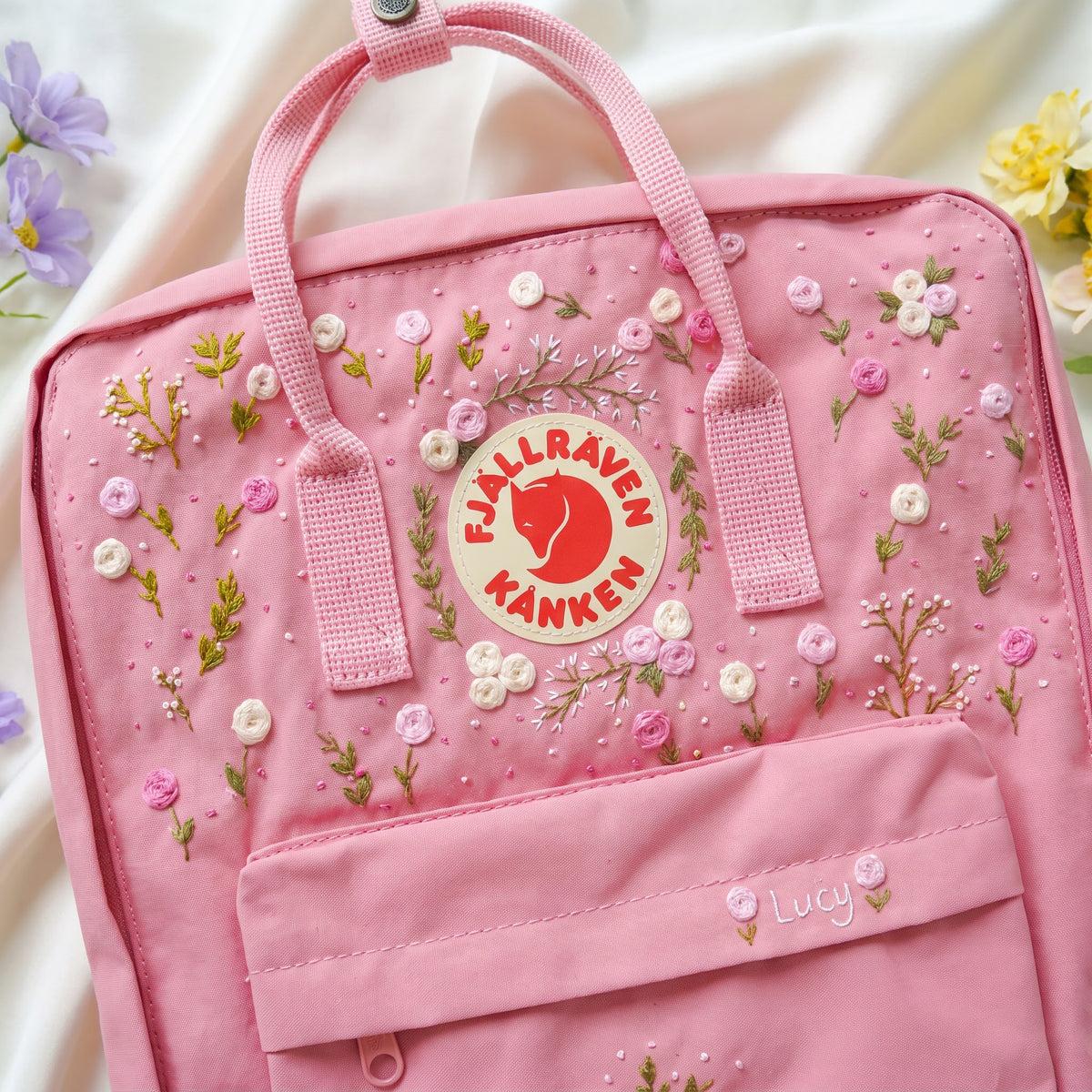 Hand Embroidered Fjallraven Kanken Pet Portrait Backpack | Pink Rose Floral Kanken Bag | Custom Dog & Horse Embroidery Backpack