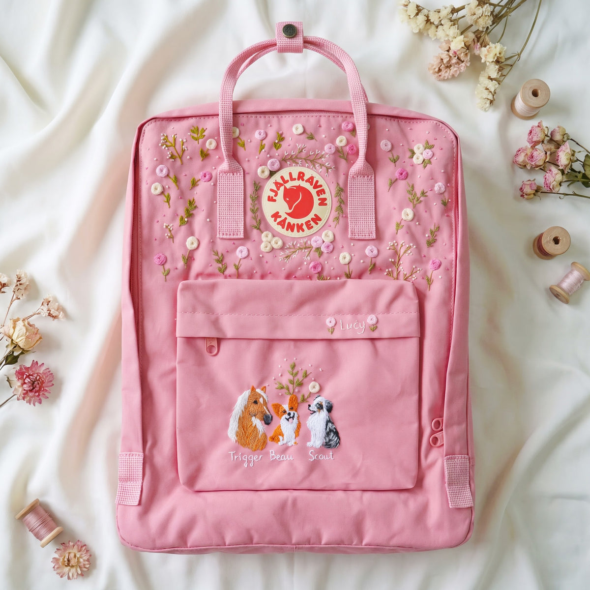 Hand Embroidered Fjallraven Kanken Pet Portrait Backpack | Pink Rose Floral Kanken Bag | Custom Dog & Horse Embroidery Backpack