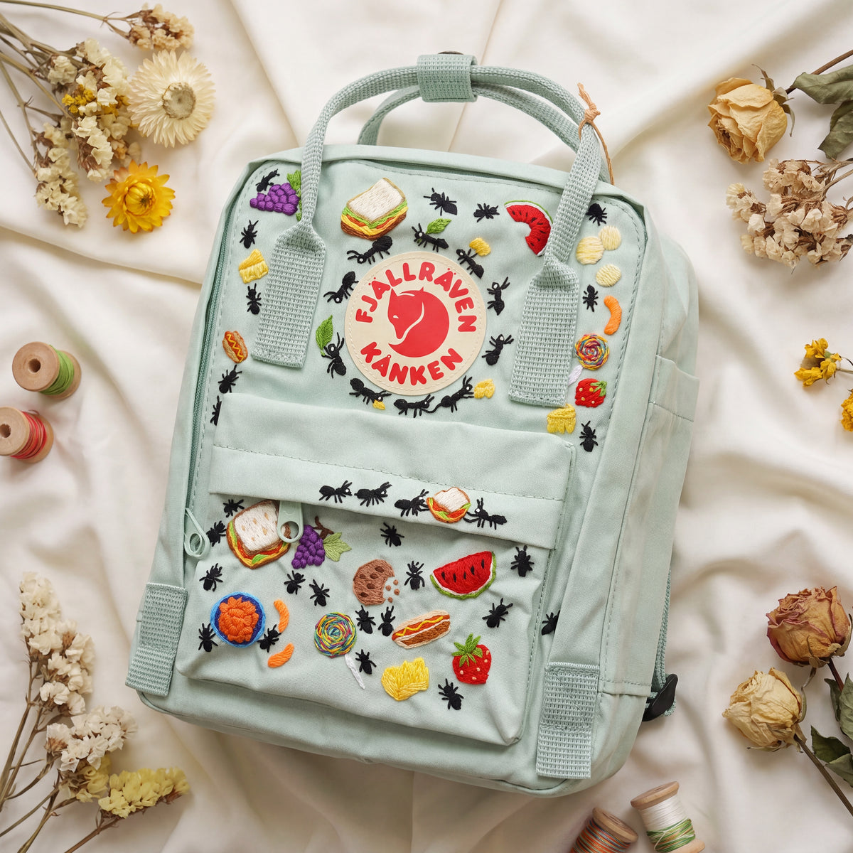 Fjallraven Kanken Hand Embroidered Picnic Backpack | Cute Food and Ants Bag | Outdoor Picnic Vibe Backpack | Unique Picnic Gift