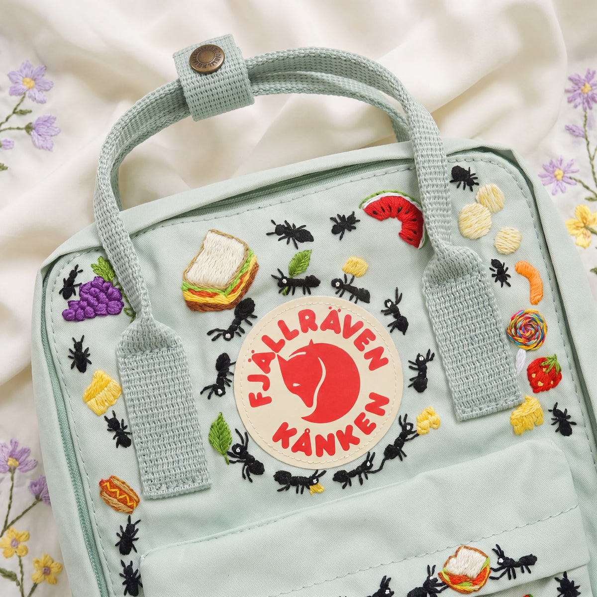 Fjallraven Kanken Hand Embroidered Picnic Backpack | Cute Food and Ants Bag | Outdoor Picnic Vibe Backpack | Unique Picnic Gift