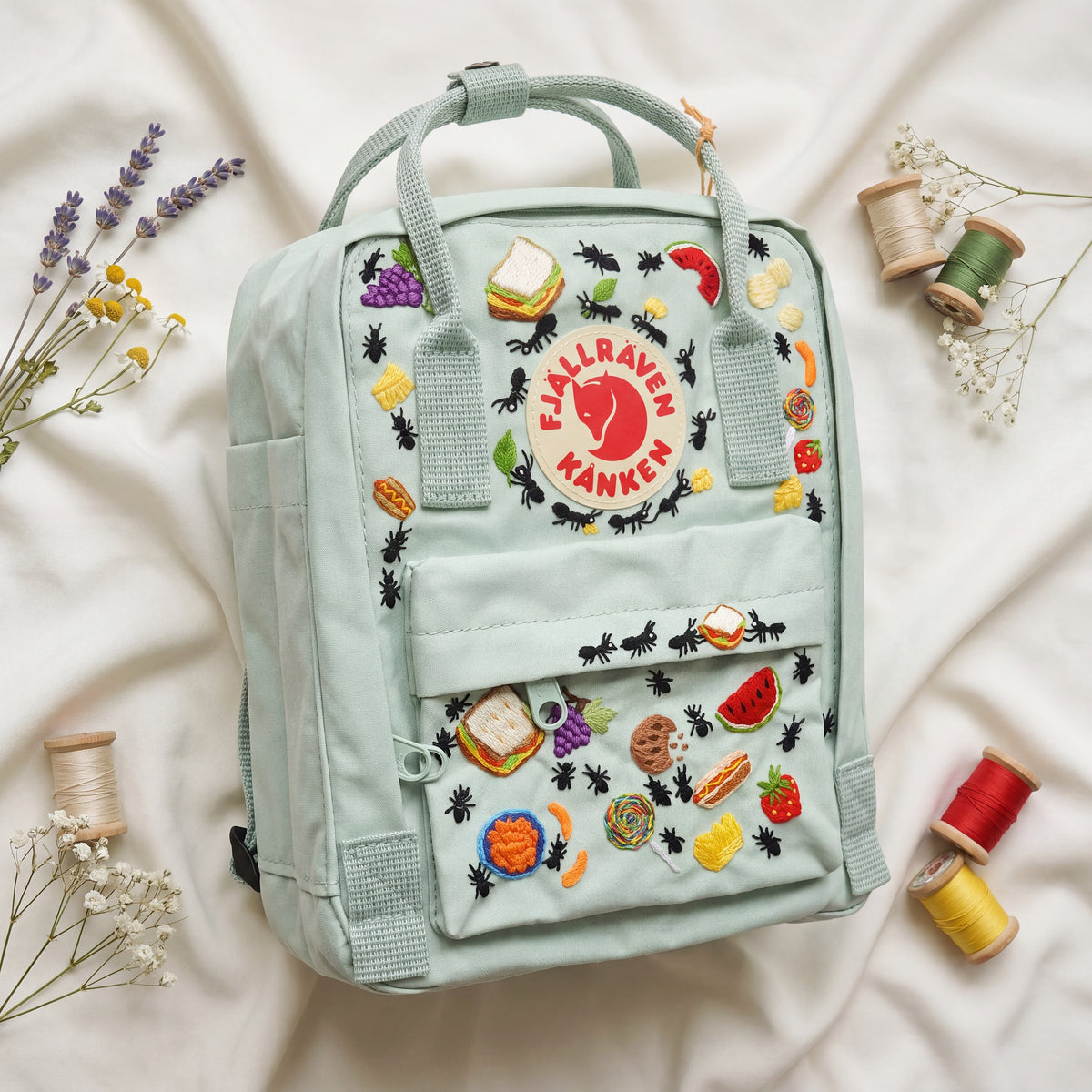 Fjallraven Kanken Hand Embroidered Picnic Backpack | Cute Food and Ants Bag | Outdoor Picnic Vibe Backpack | Unique Picnic Gift