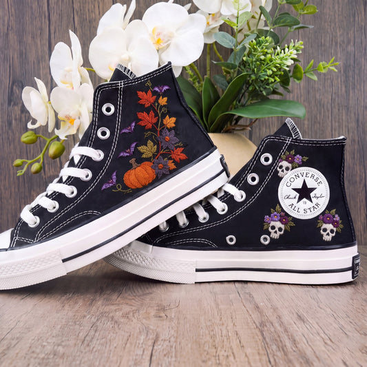 Converse Hand Embroidered Pumpkin Bat Shoes | Autumn Floral High Top Sneakers | Halloween Skull Embroidery | Spooky Fall Gift