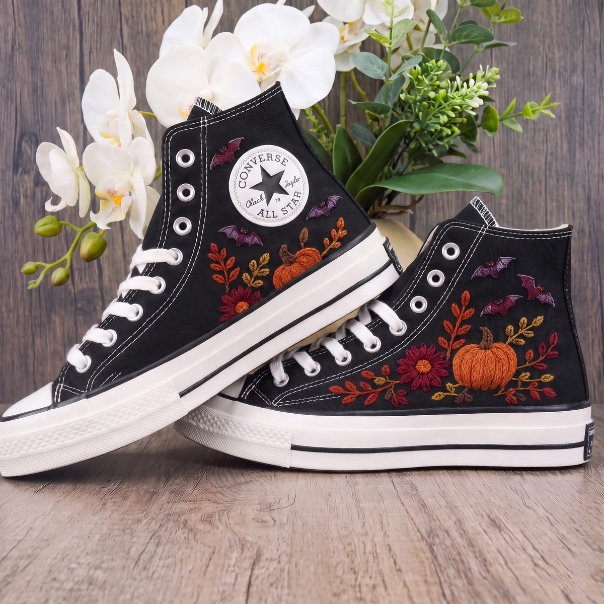Converse Hand Embroidered Pumpkin Bat Shoes | Autumn Floral High Top Sneakers | Halloween Fall Embroidery | Spooky Pumpkin Gift