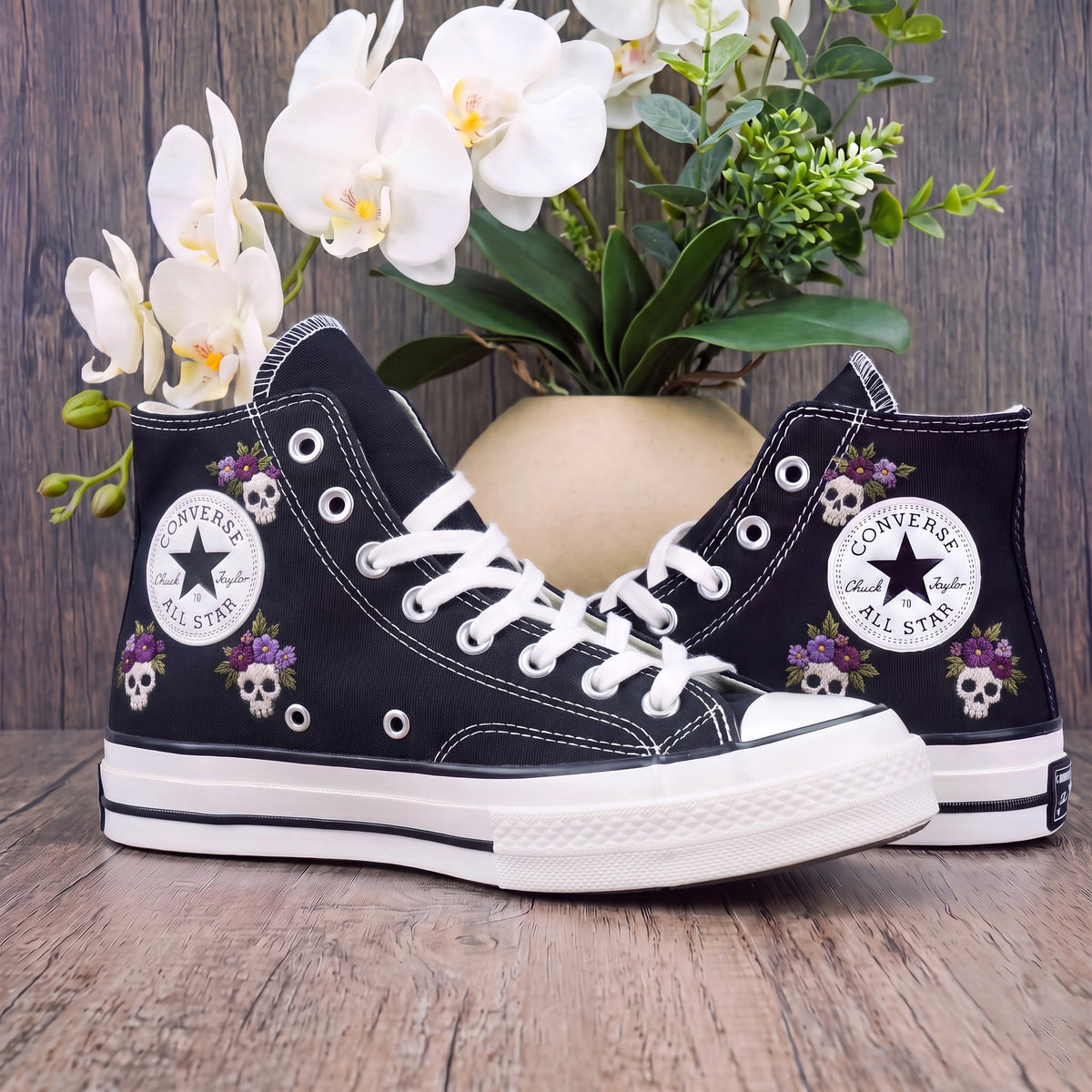 Converse Hand Embroidered Pumpkin Bat Shoes | Autumn Floral High Top Sneakers | Halloween Skull Embroidery | Spooky Fall Gift
