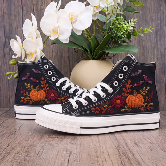 Converse Hand Embroidered Pumpkin Bat Shoes | Autumn Floral High Top Sneakers | Halloween Fall Embroidery | Spooky Pumpkin Gift