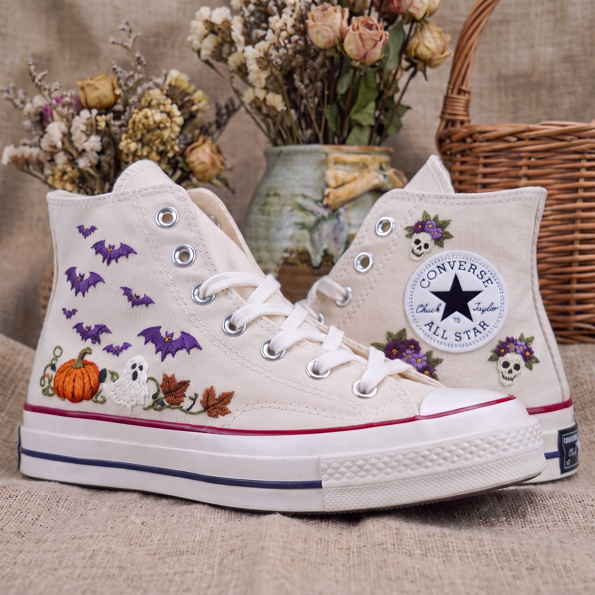 Converse Hand Embroidered Floral Skull Bat Pumpkin Shoes | Halloween High Top Sneakers | Spooky Autumn Shoes | Unique Halloween Gift