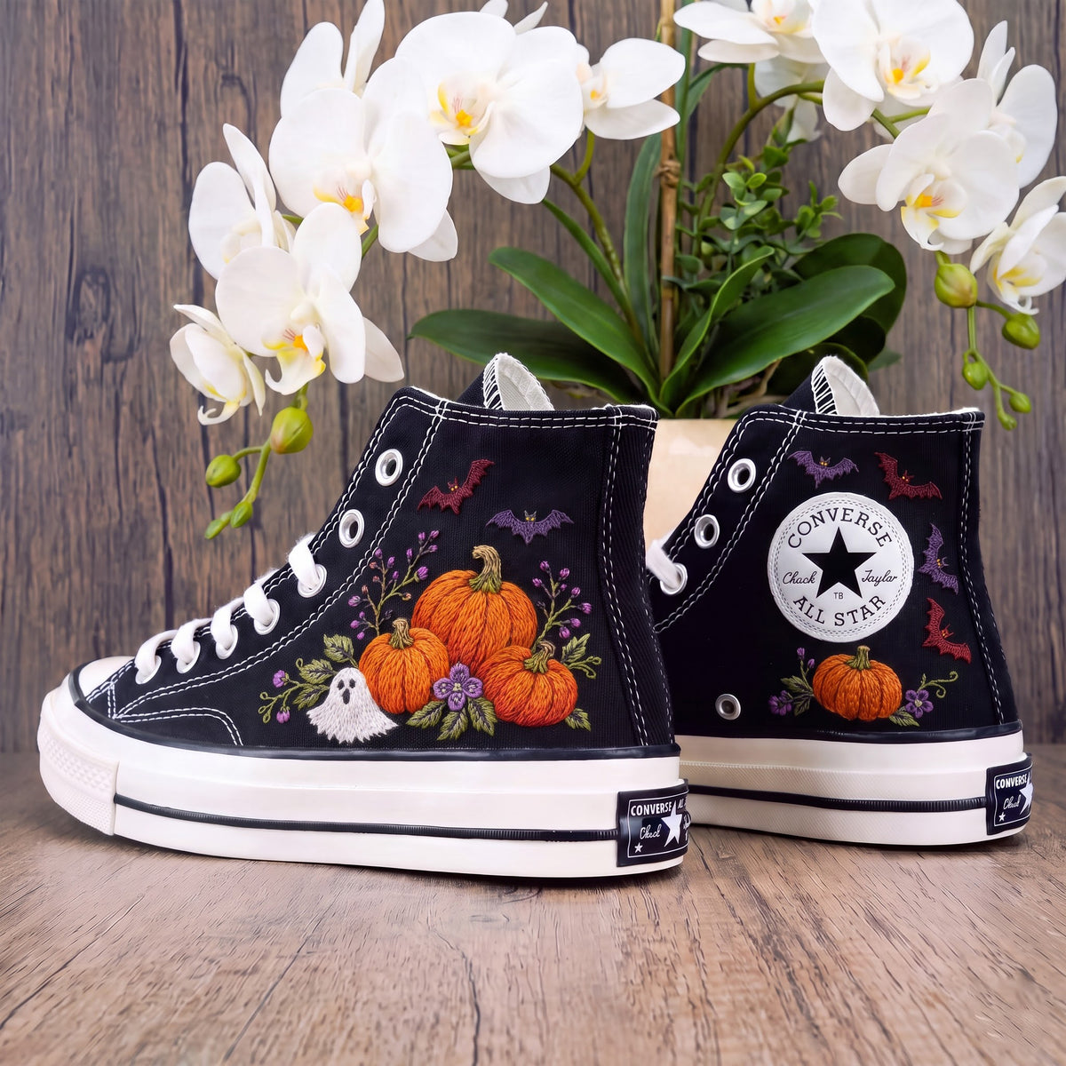 Converse Hand Embroidered Pumpkin Ghost Bat Shoes | Cute Halloween High Top Sneakers | Spooky Floral Pumpkin Shoes | Halloween Gift