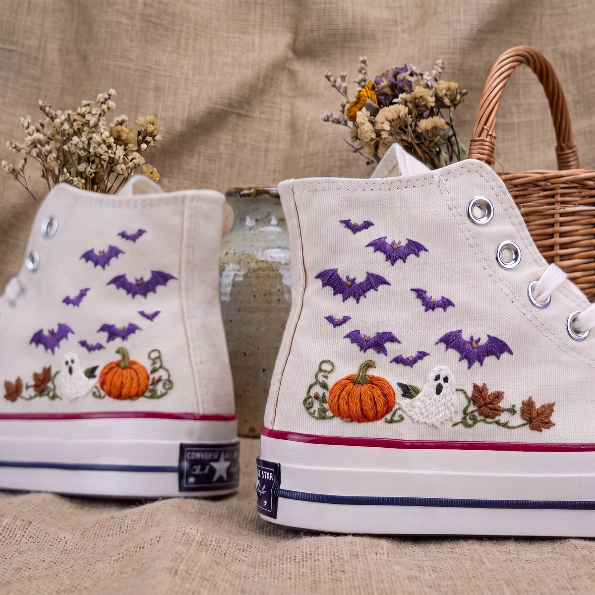 Converse Hand Embroidered Floral Skull Bat Pumpkin Shoes | Halloween High Top Sneakers | Spooky Autumn Shoes | Unique Halloween Gift
